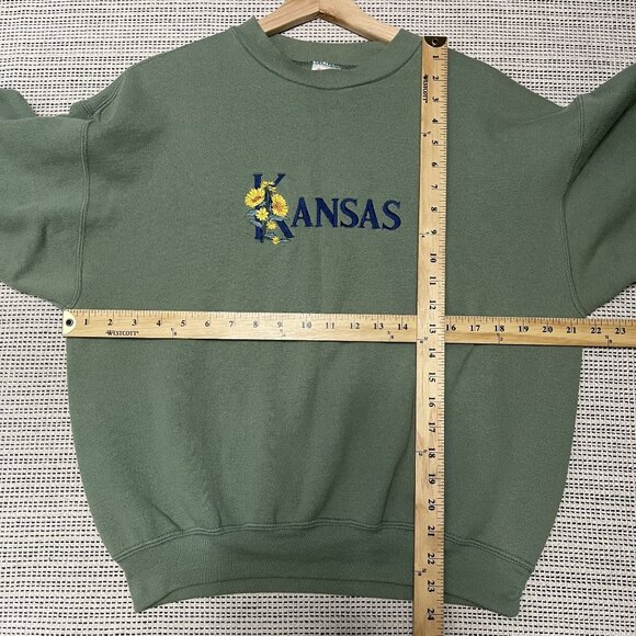 Vintage Kansas Embroidered Green Sweatshirt By Desert Heat Medium Made In USA - Picture 5 of 5